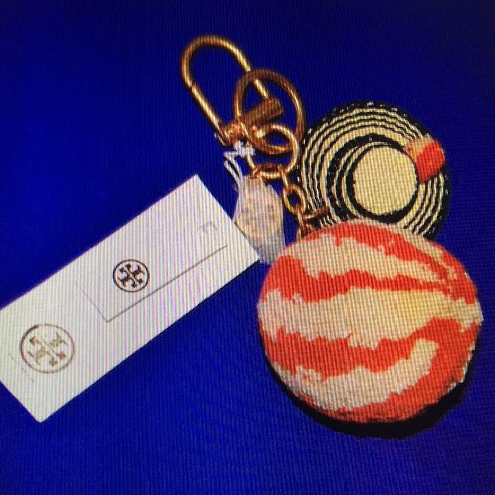 Tory Burch Straw Hat & Beach Ball FOB Key Ring